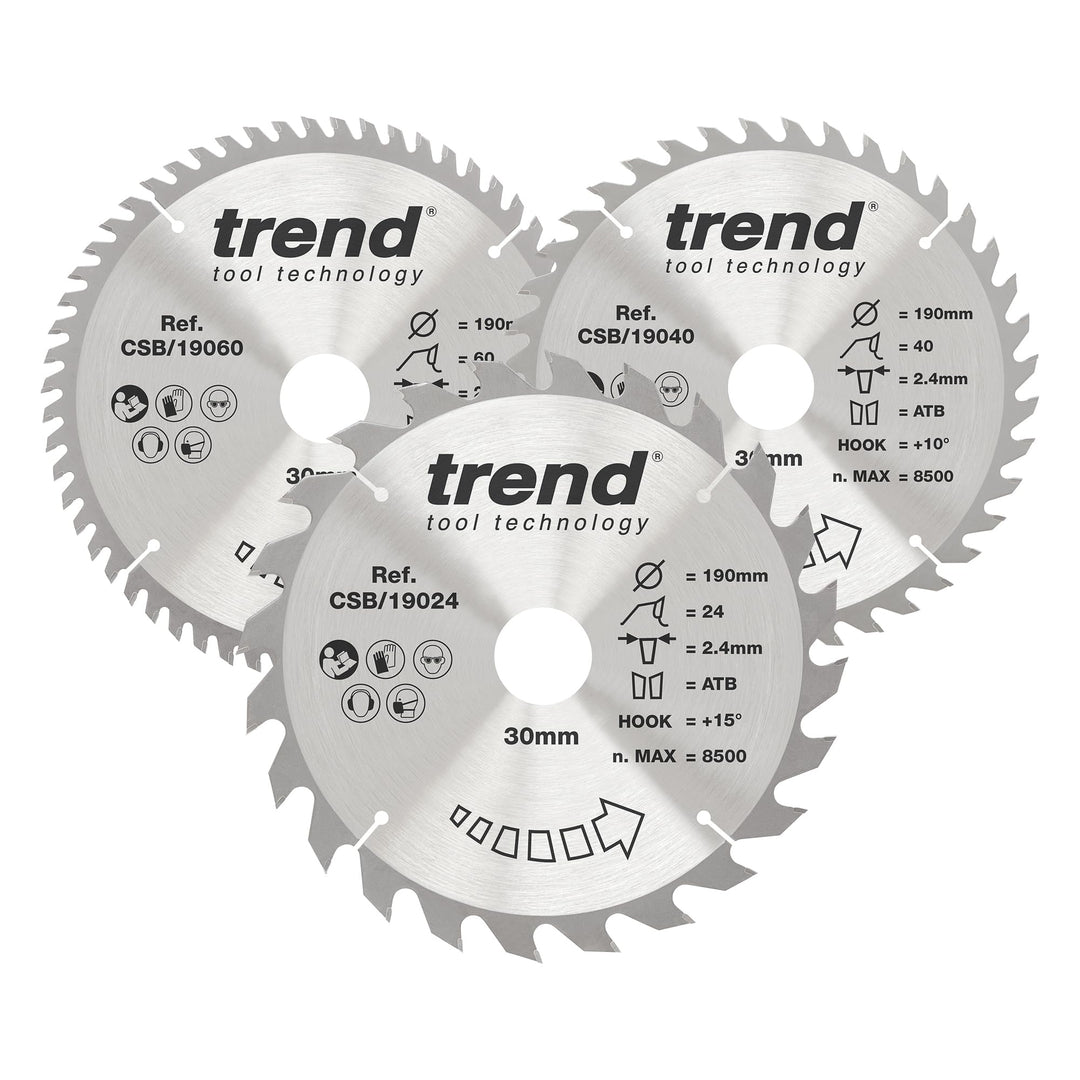 Trend CraftPro Dreierpack TCT Kreissägeblätter, 190mm x 24, 40 und 60 Zähne x 30mm Bohrung, Hartmeta