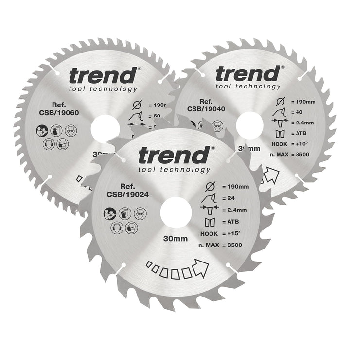 Trend CraftPro Dreierpack TCT Kreissägeblätter, 190mm x 24, 40 und 60 Zähne x 30mm Bohrung, Hartmeta