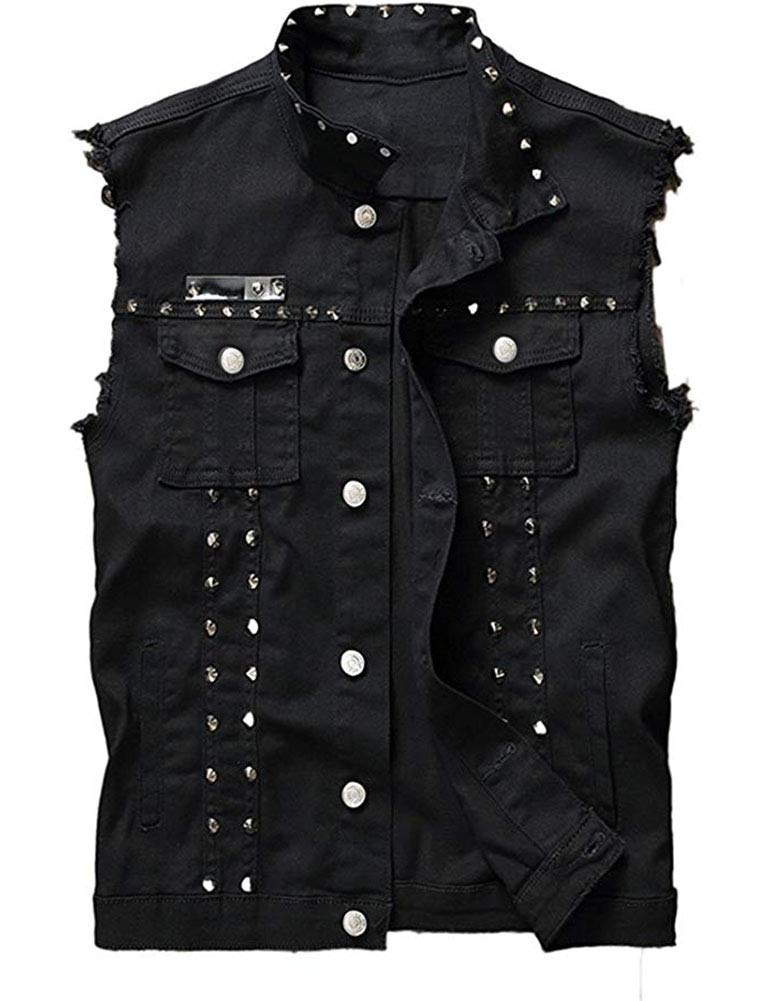 Idopy Herren Slim Fit Punk Denim Weste Ärmellose Jeans Weste Jacke mit Nieten S Schwarz, S Schwarz