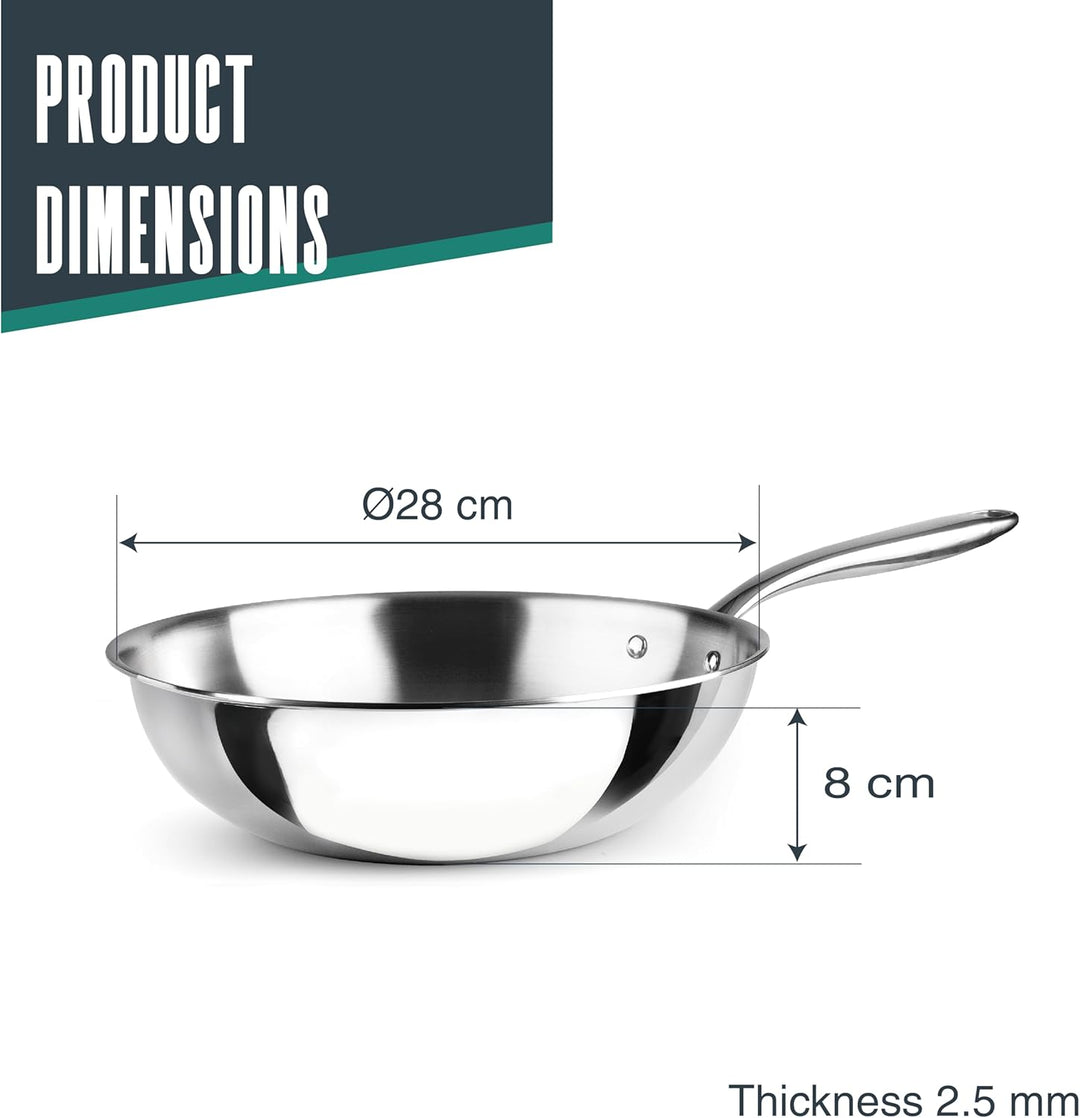 LACOR - 60898 Trichef Wok 28 cm, Edelstahl 18/10 und Aluminium 1060, dreilagig, Gusseisengriff, indu