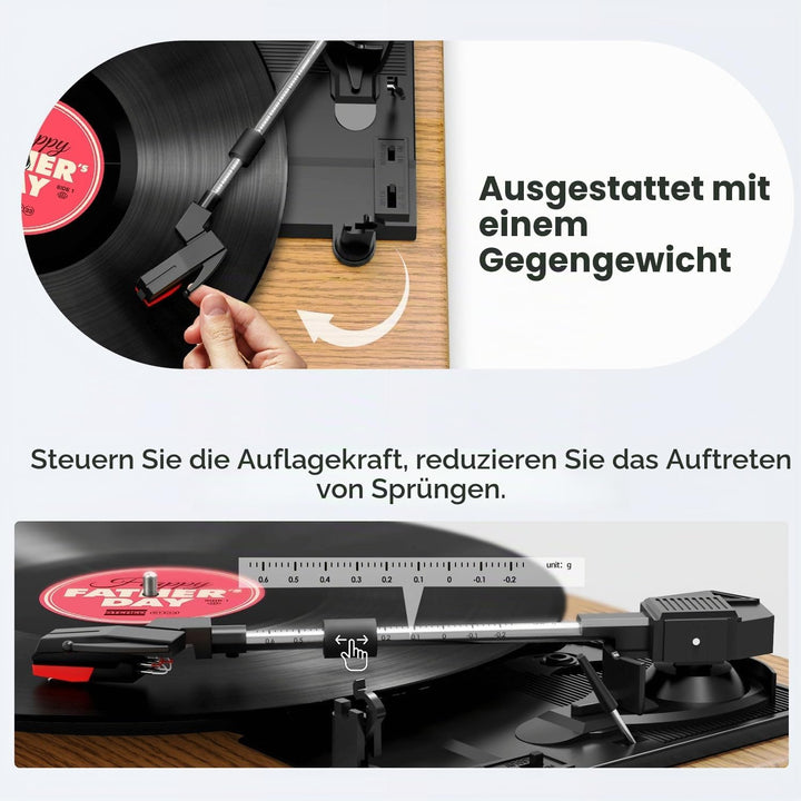 FYDEE Plattenspieler, Bluetooth 5.4 Schallplattenspieler mit Einstellbarer Auflagekraft, 2x3W Stereo