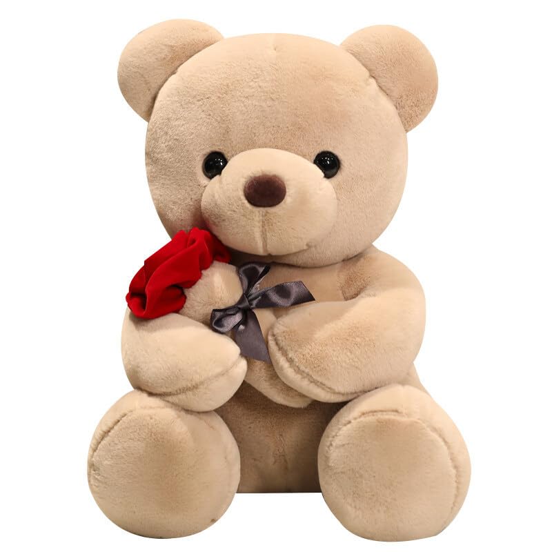 Bocguy Teddybär Plüsch, 23cm Teddybär mit Rose, Stofftier Spielzeug Dekozimmer Kissen für Weihnachte