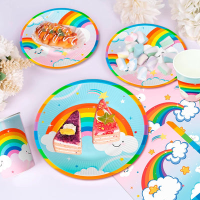 Rainbow Partygeschirr,141pcs Partygeschirr Regenbogen Set, Regenbogen Pappteller & Regenbogen Tischd