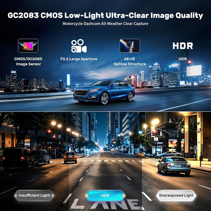 Dashcam Motorrad 4K+1080P,WiFi Dashcam Auto vorne hinten mit GPS,HDR,6 Stunden grosser Akku Action C