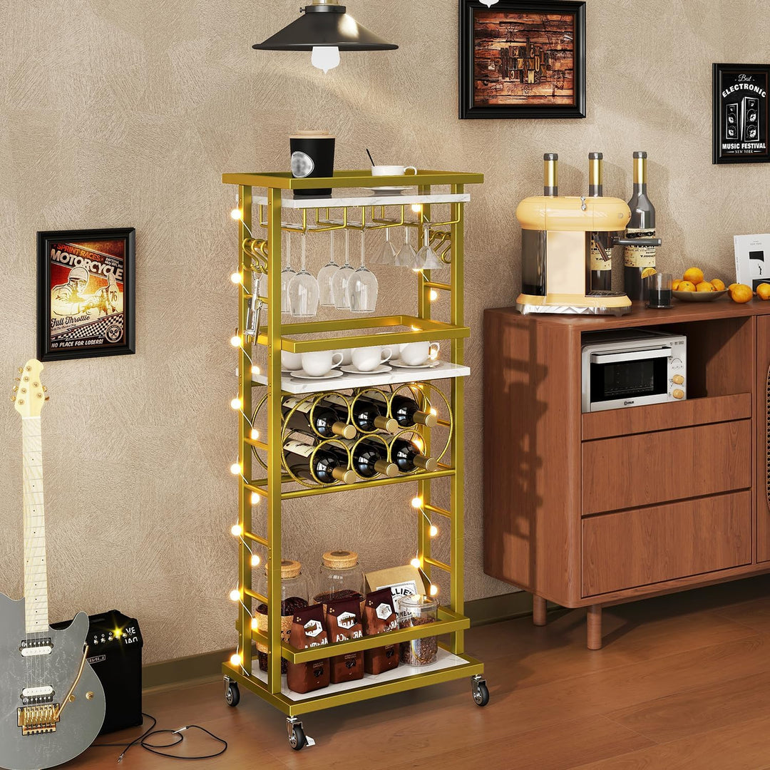 IBUYKE 4 Ebenen Weinregal mit Rollen,Freistehend Weinregal, Barwagen für Spirituosen, Whisky und Wei