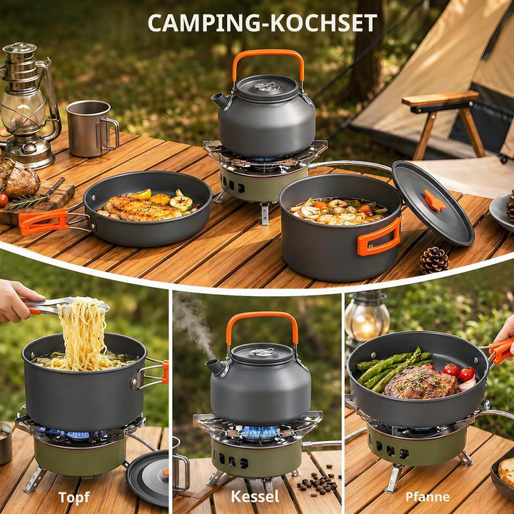 aiGear Camping Kochgeschirr Set/Outdoor Geschirr Set | Camping Topf Kochtopf Tragbar Aluminium | mit