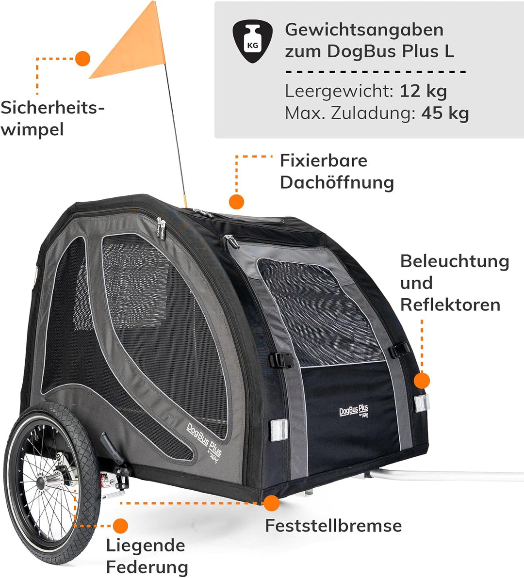TrendPet DogBus Plus L - Gefederter Aluminium Fahrradanhänger für Hunde, Hundanhänger für grosse Hun
