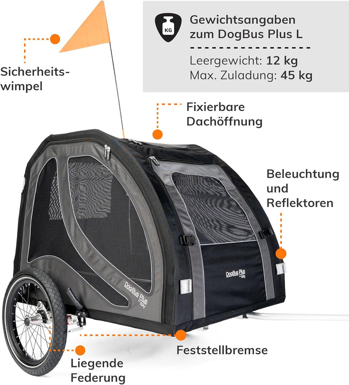 TrendPet DogBus Plus L - Gefederter Aluminium Fahrradanhänger für Hunde, Hundanhänger für grosse Hun
