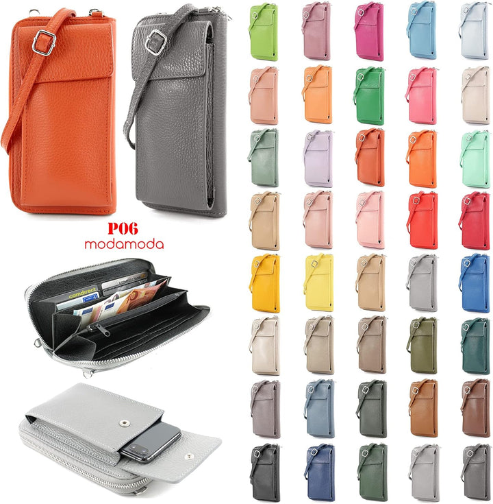 modamoda de - P06 - ital. Damen Umhängetasche Geldbörse Handytasche Leder Altgold-metallic, Altgold-