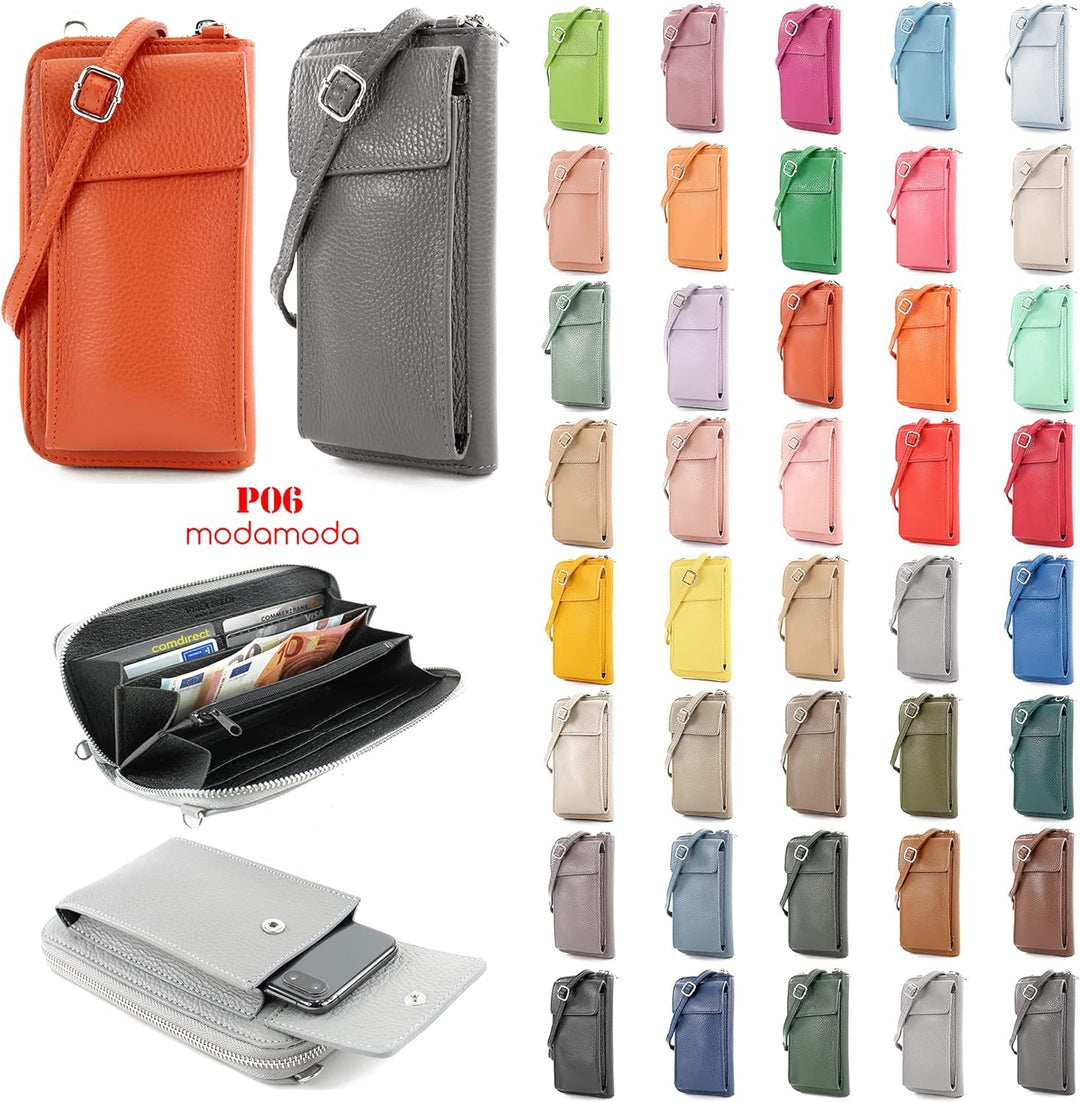 modamoda de - P06 - ital. Damen Umhängetasche Geldbörse Handytasche Leder Altrosa, Altrosa