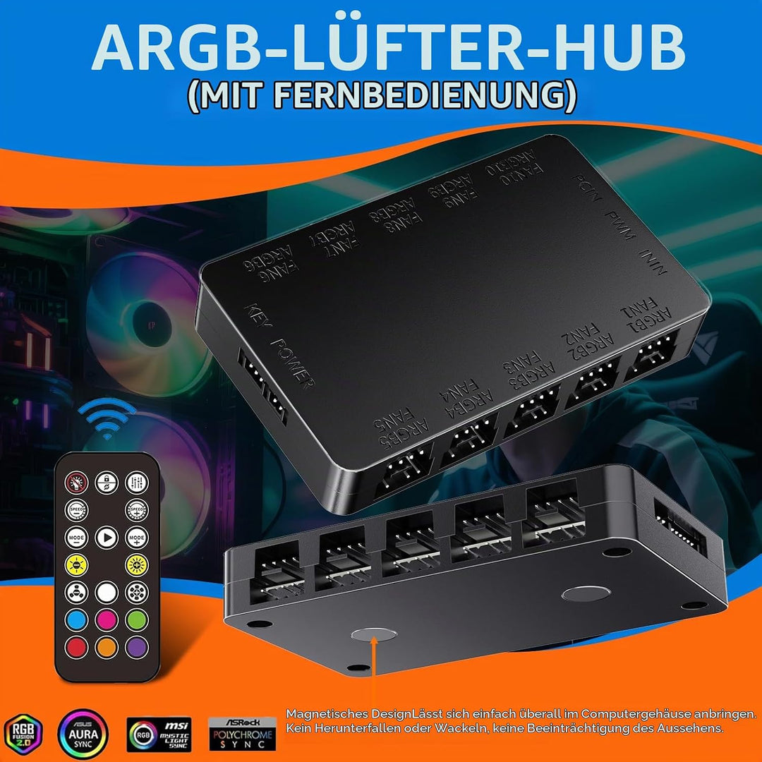 2-in-1 ARGB PWM Lüfter-Hub mit Controller, 10 x 4-Pin PWM Lüfter-Anschlüsse, 10 x 5V 3-Pin ARGB Port