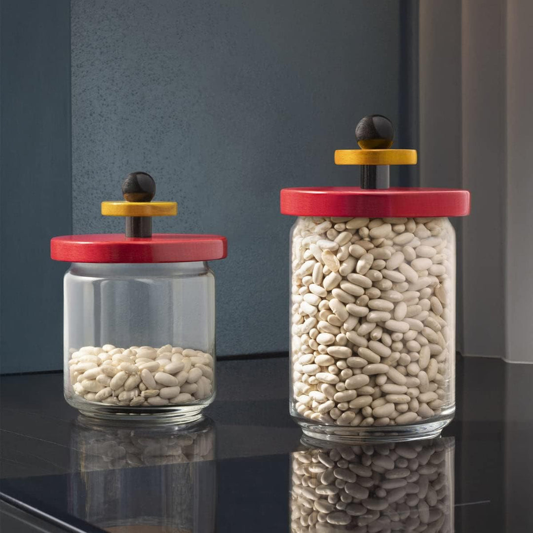 Alessi ES16/100 Küchendose aus Glas mit abgedichtetem Deckel aus Buchenholz, rot, schwarz und gelb 1