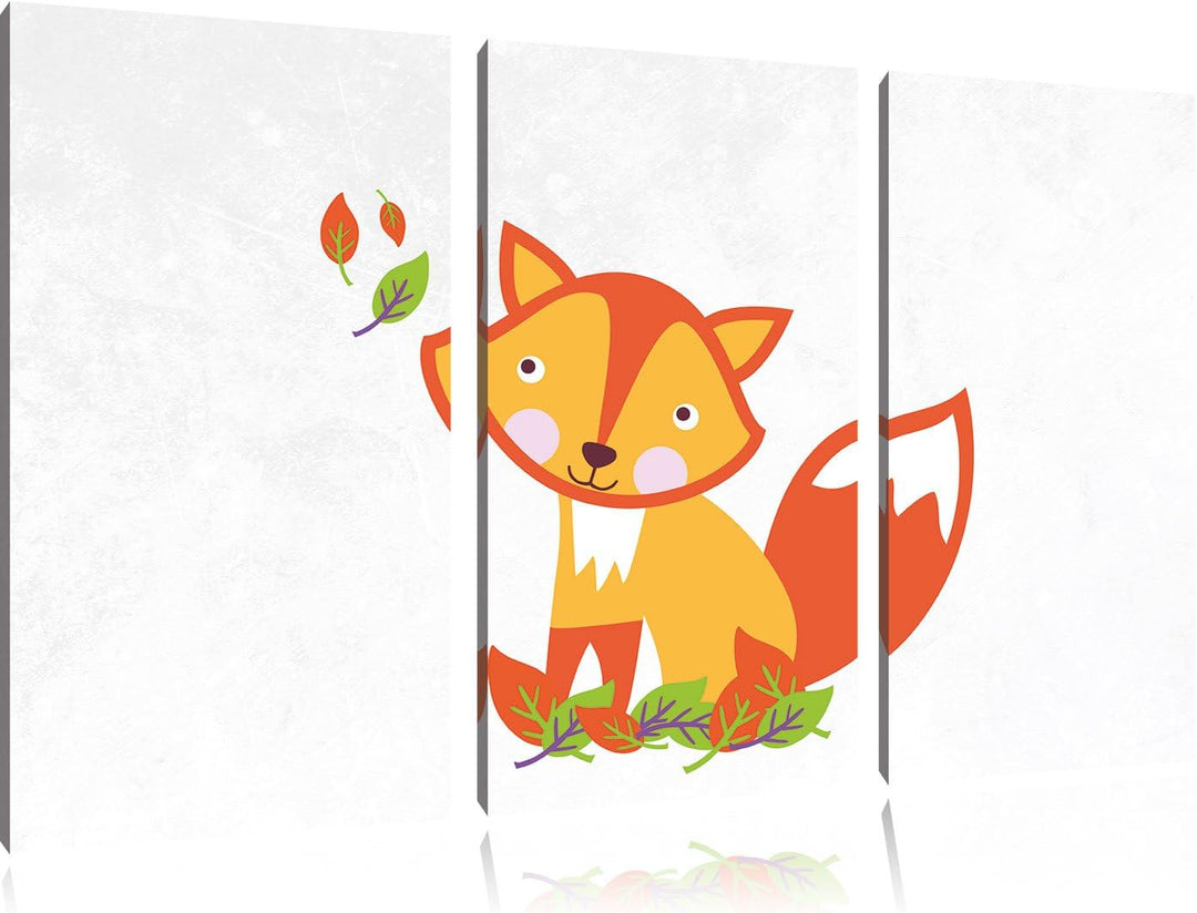Pixxprint Niedlicher Fuchs in Laub Haufen als Leinwandbild/Grösse: 3 Teilig (120x80) cm/Wandbild/Kun