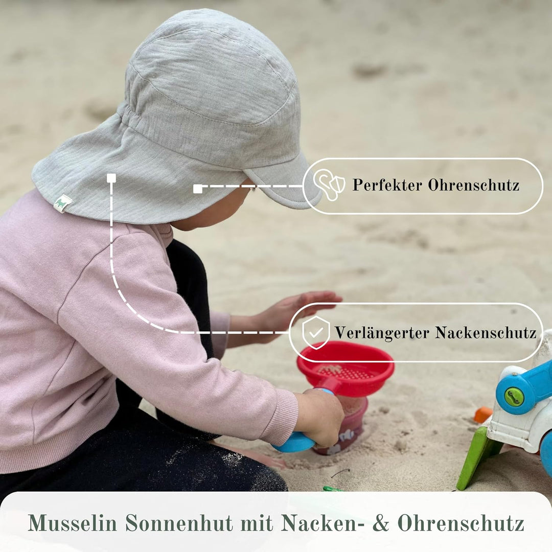 Petinard Label Musselin Schirmütze Sonnenhut mit Nacken- und Ohrenschutz UV-Schutz (UPF 50+) für Bab