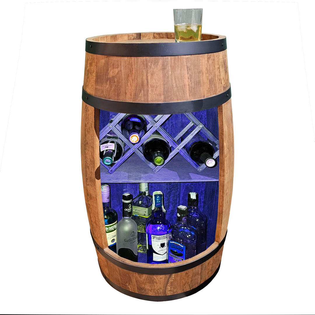 CREATIVE COOPER Fass bar LED RGB mit Weinhalter - Weinregal - Holzfass Hausbar 80x50cm - Rustikaler