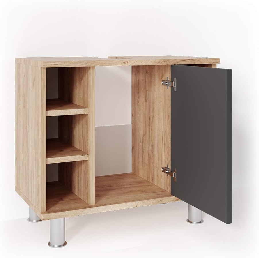 Vicco Waschbeckenunterschrank Fynn, Anthrazit/Goldkraft Eiche, 60 x 54 cm, mit Aussparung für Siphon