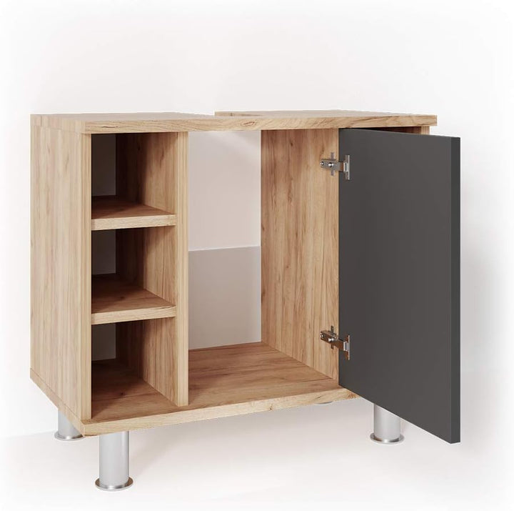 Vicco Waschbeckenunterschrank Fynn, Anthrazit/Goldkraft Eiche, 60 x 54 cm, mit Aussparung für Siphon