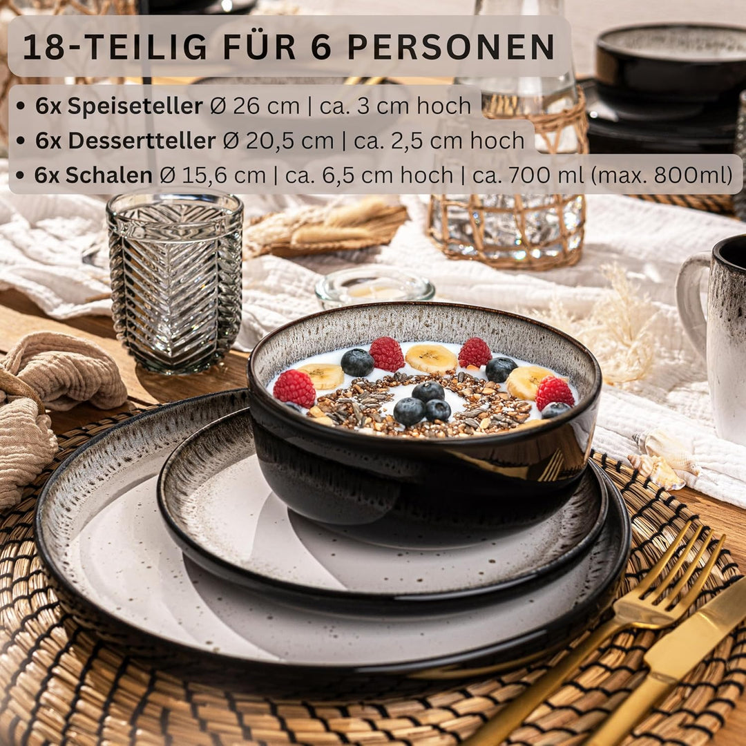 SÄNGER Sansibar | Steingut Geschirr Set 18 tlg, Teller Set 6 Personen, Geschirrset 6x Speiseteller 6