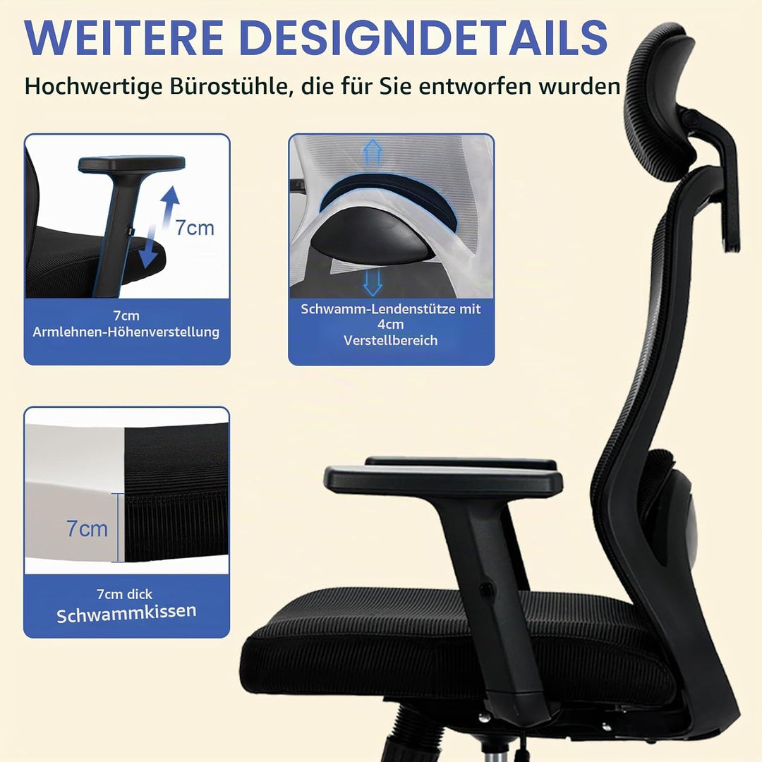 Milacyee Bürostuhl, Bürostuhl Ergonomisch, Schreibtischstuhl mit Kopfstütze, Armlehnen, Lendenwirbel