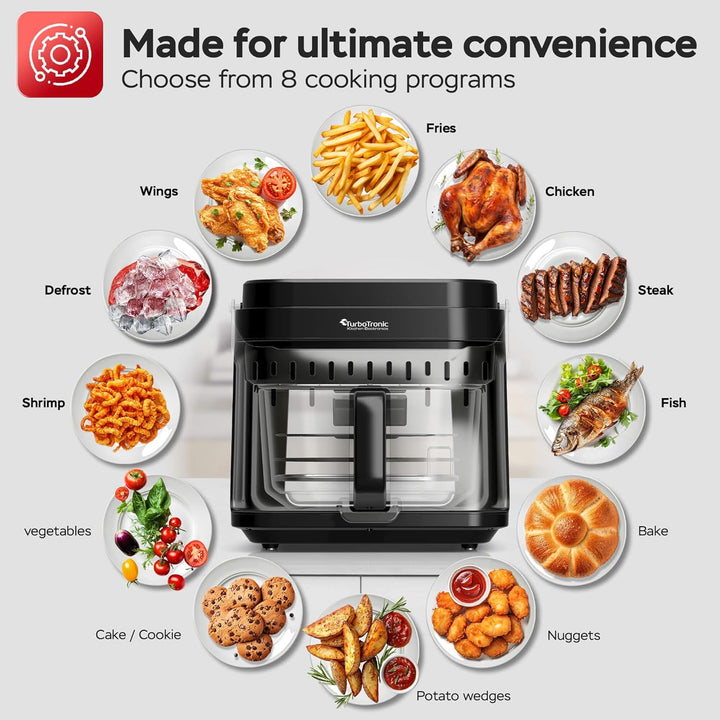 TurboTronic Heissluftfritteuse 5,5L Glas Airfryer – Digitale Heissluft Fritteuse 40–200°C 8 Programm