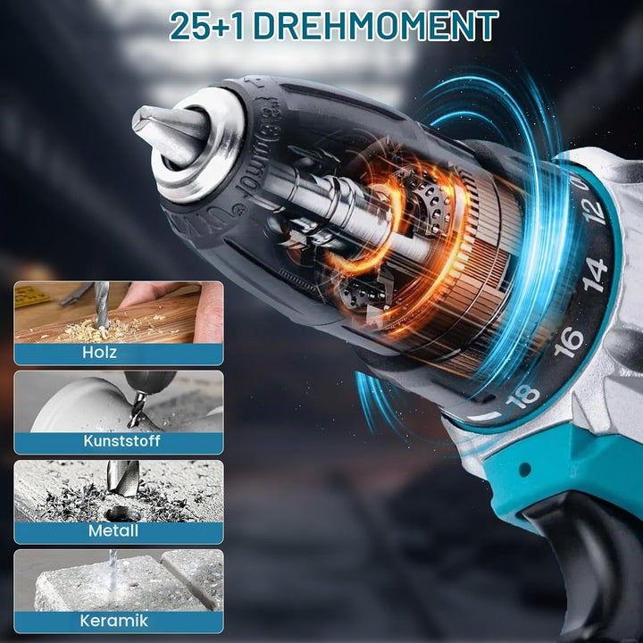 18V Akku Schlagbohrschrauber Set kompatibel mit Makita Akku, Akku Bohrmaschine mit 24tlg Zubehör Dri