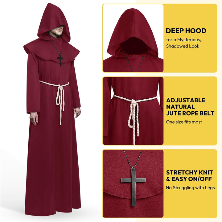 KONVINIT Mönch Robe Kostüm Männer Prister Gewand Kostüm Mittelalterliche Robe mit Kapuze Halloween K