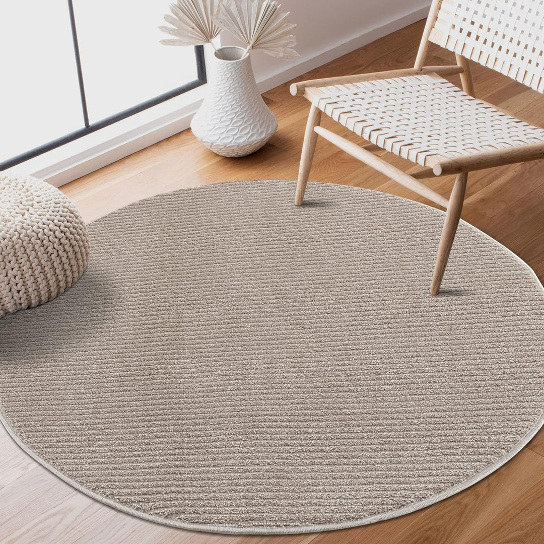 payé Teppich Rund - Beige - 200x200cm - Meliert Muster - Einfarbig - Hoch Tief Effekt - Kurzflor Wei