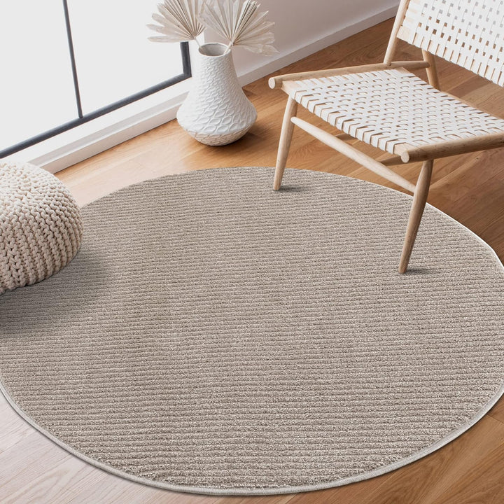 payé Teppich Rund - Beige - 200x200cm - Meliert Muster - Einfarbig - Hoch Tief Effekt - Kurzflor Wei