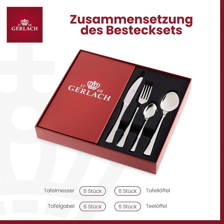 Gerlach Tunea Besteck-Set Für 6 Personen Spülmaschinenfest Essbesteck aus Edelstahl Elegantes Bestec