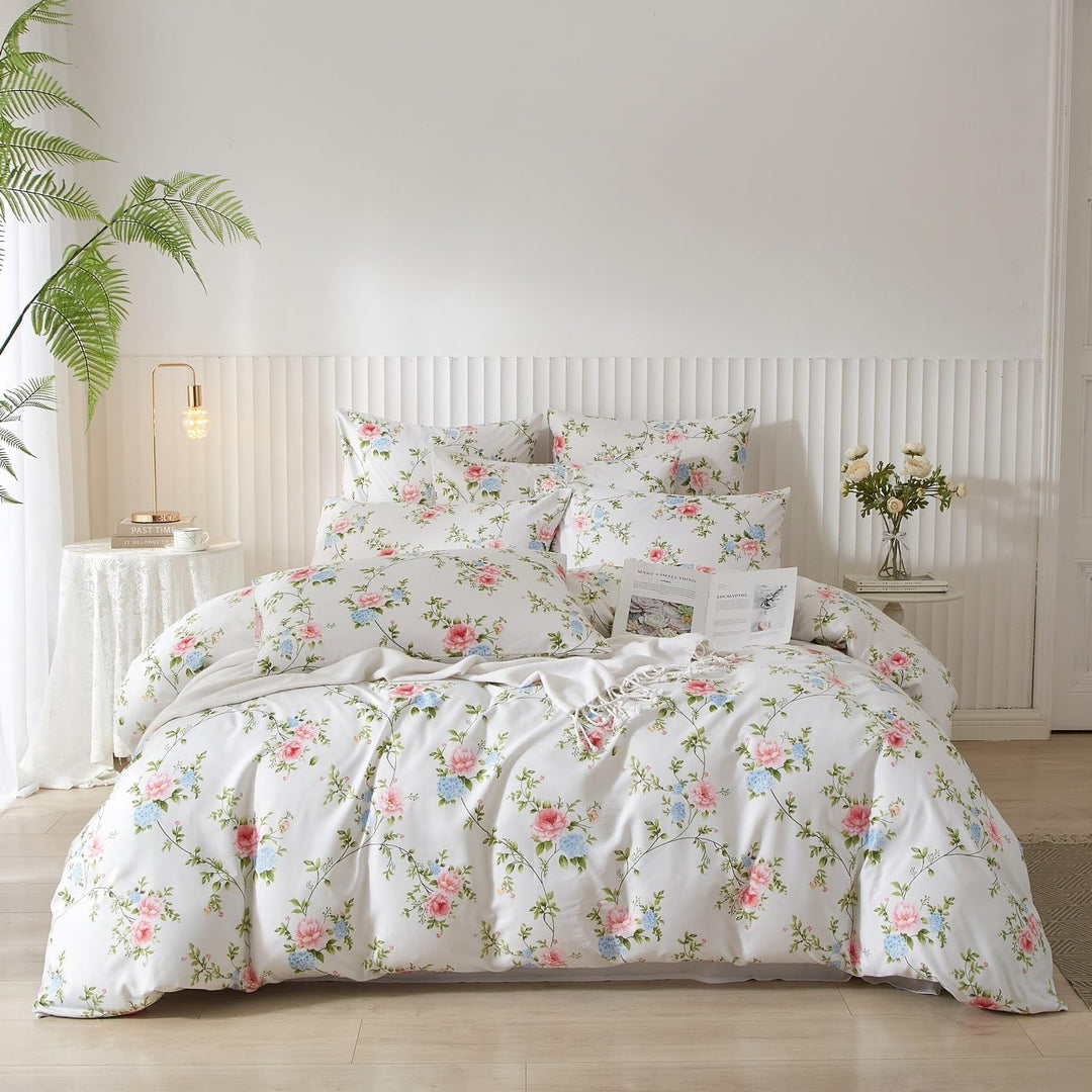 DXHOME Blumen Bettwäsche 4teilig 135x200 Weiss Blau Rosa Floralem Muster Atmungsaktiv Leicht Weiche