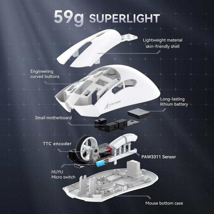 ATTACK SHARK R1 59g Superlight Maus, PixArt PAW3311 Gaming-Sensor, BT/2,4G kabellose/kabelgebundene