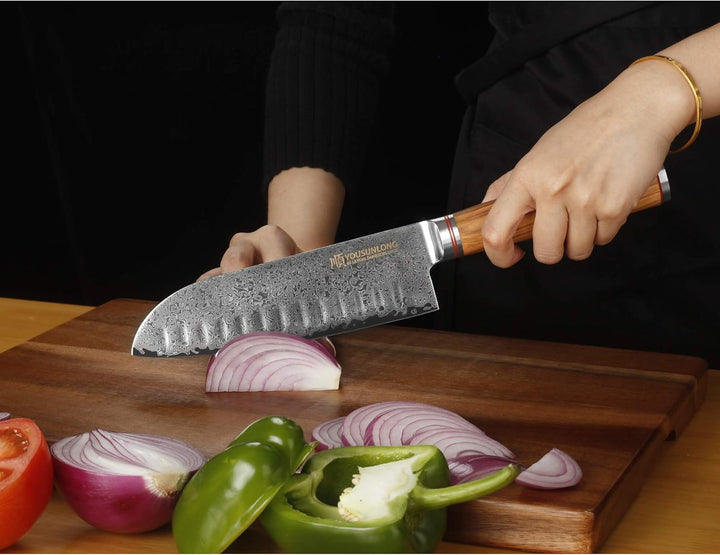 YOUSUNLONG Damastmesser Santokumesser, Klinge 17,00 cm Länge mit schwarzem Hammerschlag - sehr hochw