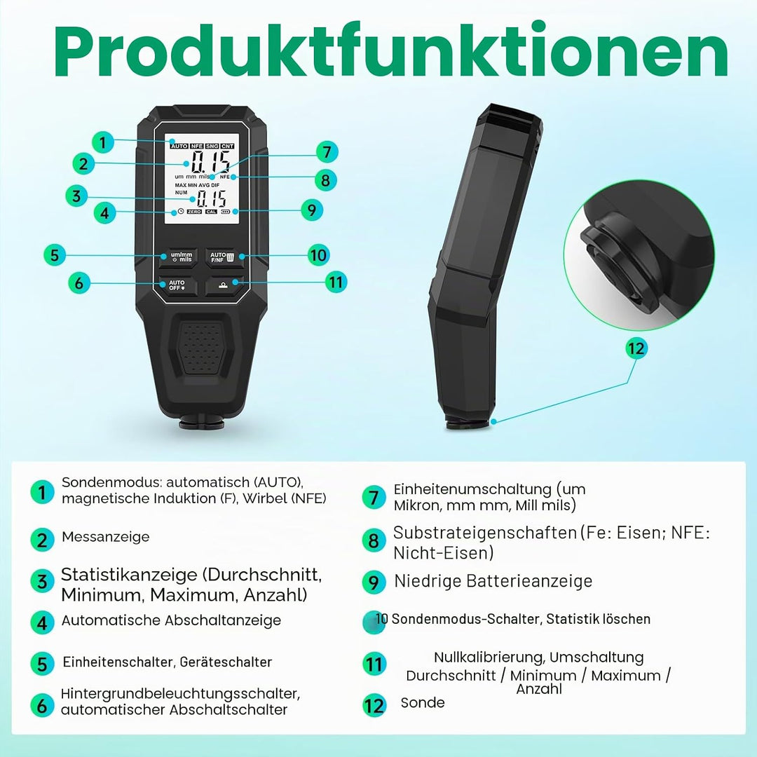 Digitales Schichtdickenmessgerät, Lackschichtenmesser Messbereich 0-2000μm Mit automatischer Basiser
