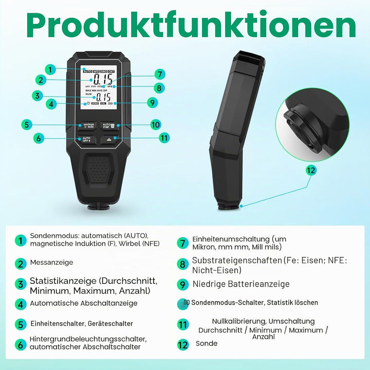 Digitales Schichtdickenmessgerät, Lackschichtenmesser Messbereich 0-2000μm Mit automatischer Basiser