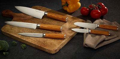 Echtwerk Damastmesser Set 5 teilig, Küchenmesser, Damaszener, Messer mit Holzgriff, Braun/Silber 36