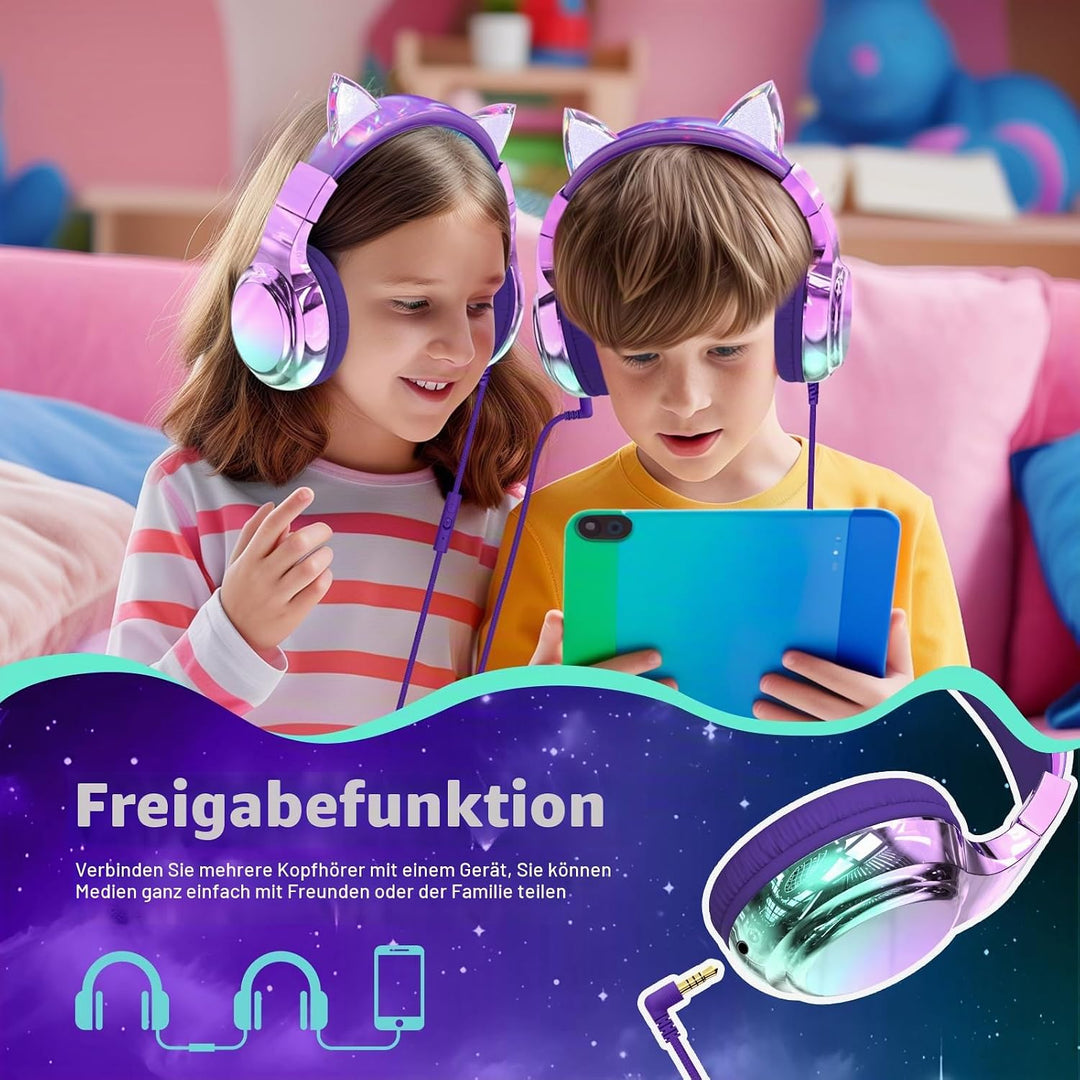 JYPS Kinder Kopfhörer, Kopfhörer Kinder mit Kabel, 85/94dB Lautstärkenbegrenzer, Audio-Sharing, Falt