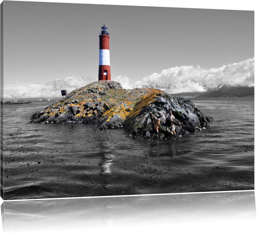 Pixxprint Leuchtturm mit Robben als Leinwandbild/Grösse: 100x70 cm/Wandbild/Kunstdruck/fertig bespan