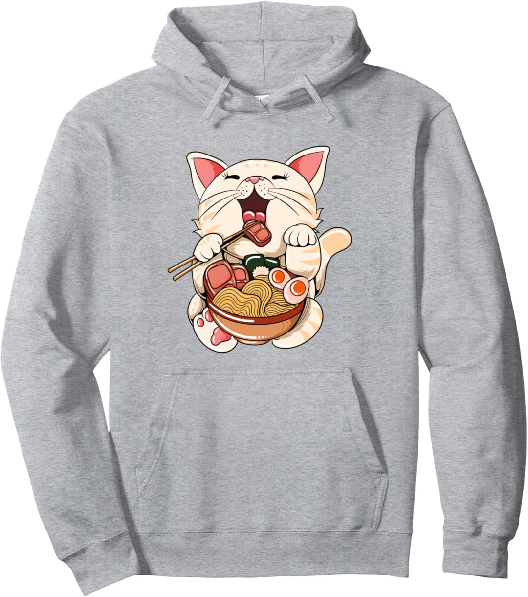 Ramen essende Katze Kawaii Anime Baka japanisches weisses Pullover Hoodie