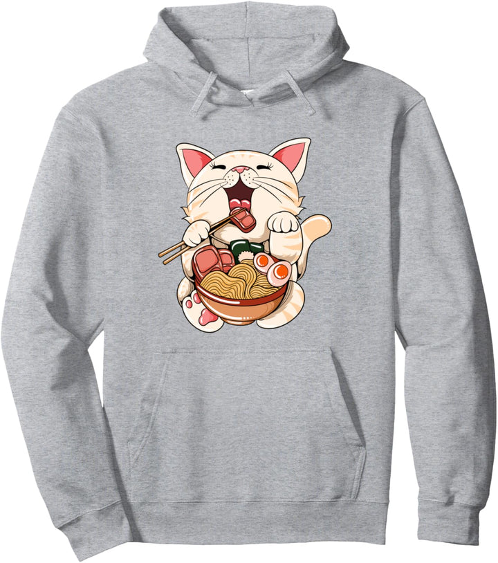 Ramen essende Katze Kawaii Anime Baka japanisches weisses Pullover Hoodie