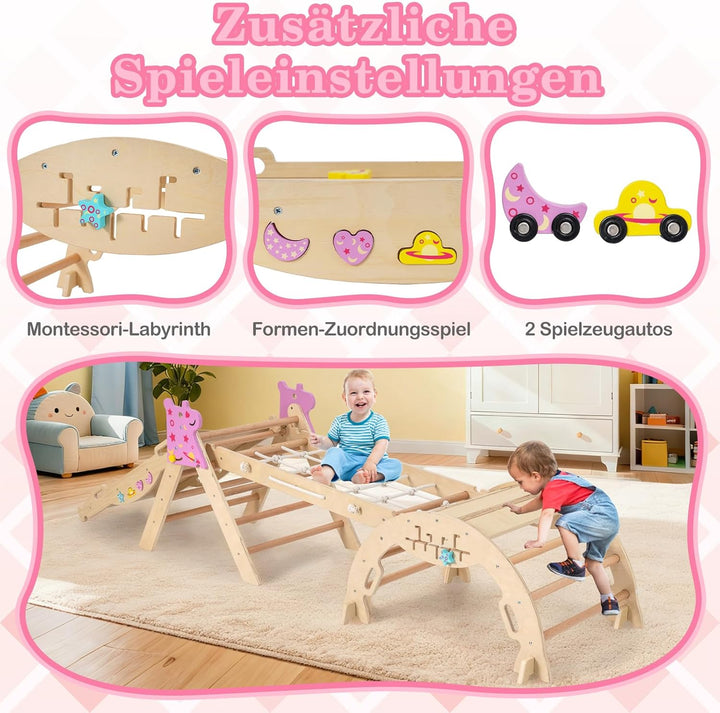 COSTWAY Klettergerüst Indoor 4er Set, klappabres Kletterdreieck mit Rutsche, Kletterbogen, Netz, ink