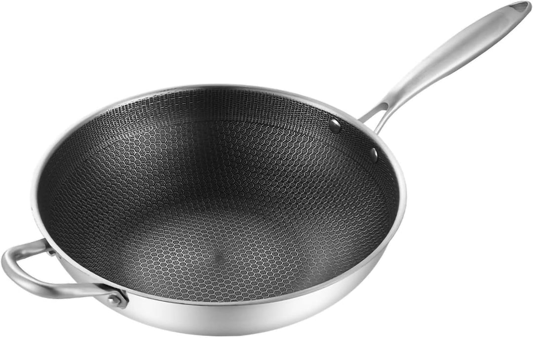 Wok, Wok-Pfanne mit Geschnitzter Mikrogravur, 3-lagiger Doppelseitiger Waben-Edelstahl-Wok für die K