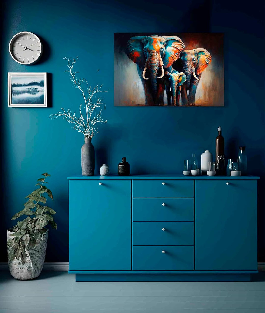 Artley Prints - Elefantenfamilie in der Wildnis, bunte Leinwand-Wandkunst für Wohnzimmer, gerahmt, a