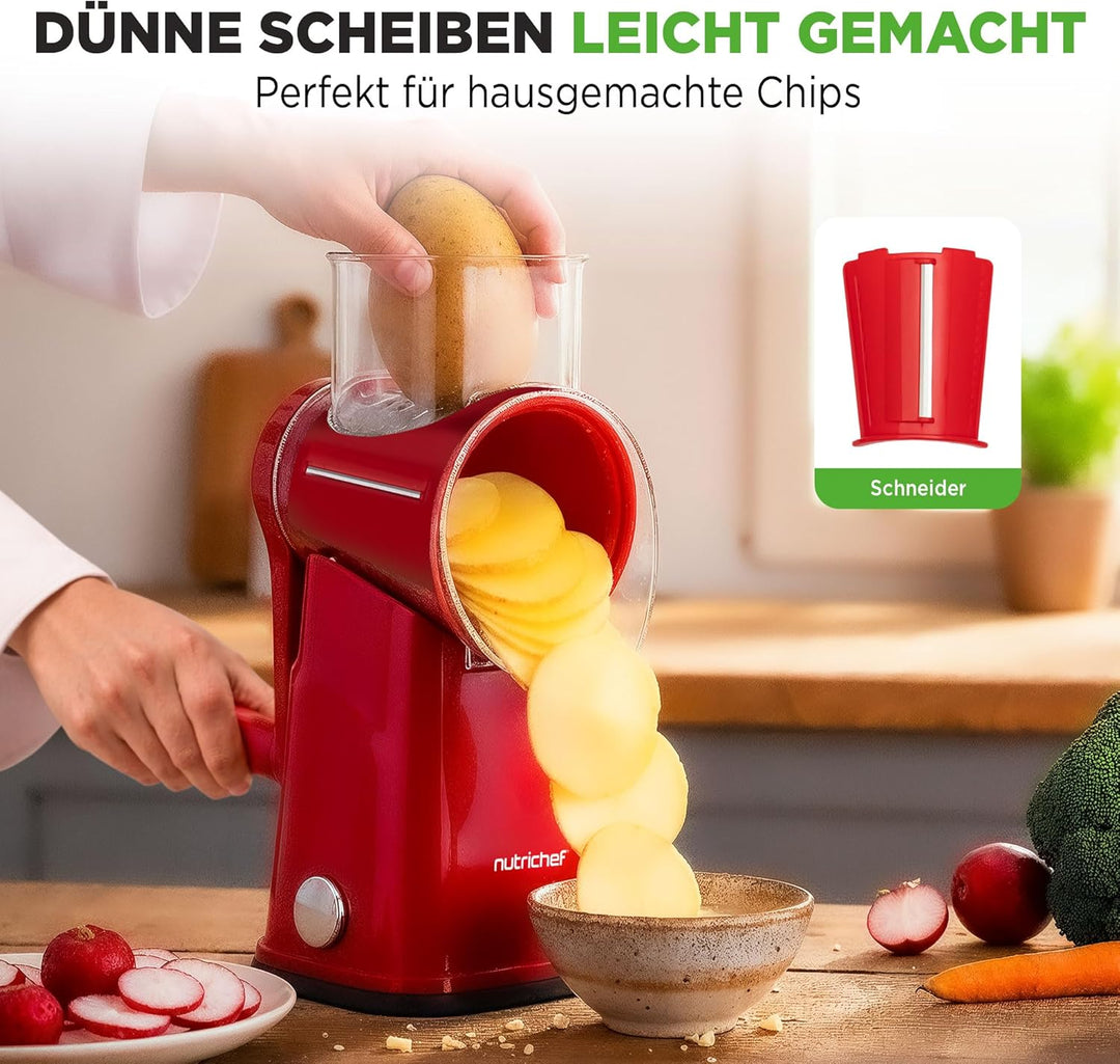 NutriChef Käsereibe mit Kurbel - Gemüsereibe inkl. 5 Trommelblättern - Ideal für Käse Gurken Karotte