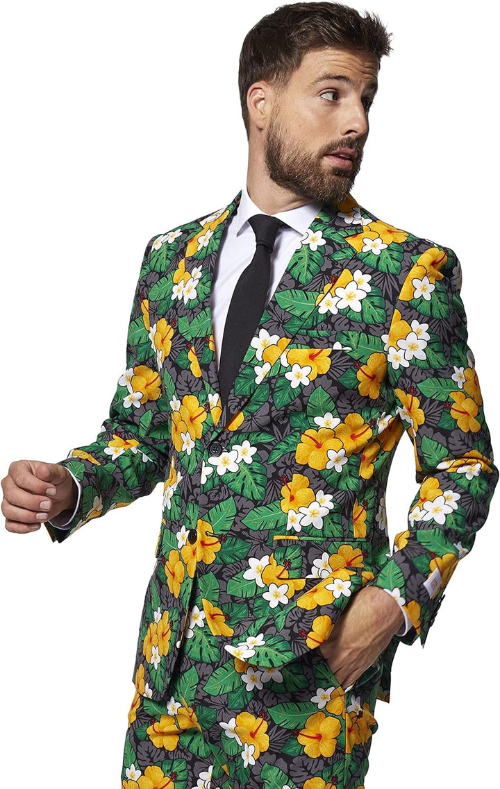 OppoSuits Herrenanzug - Sommer-Outfit mit tropischen Blumen - schmale Passform - Grün und gelb - Ink