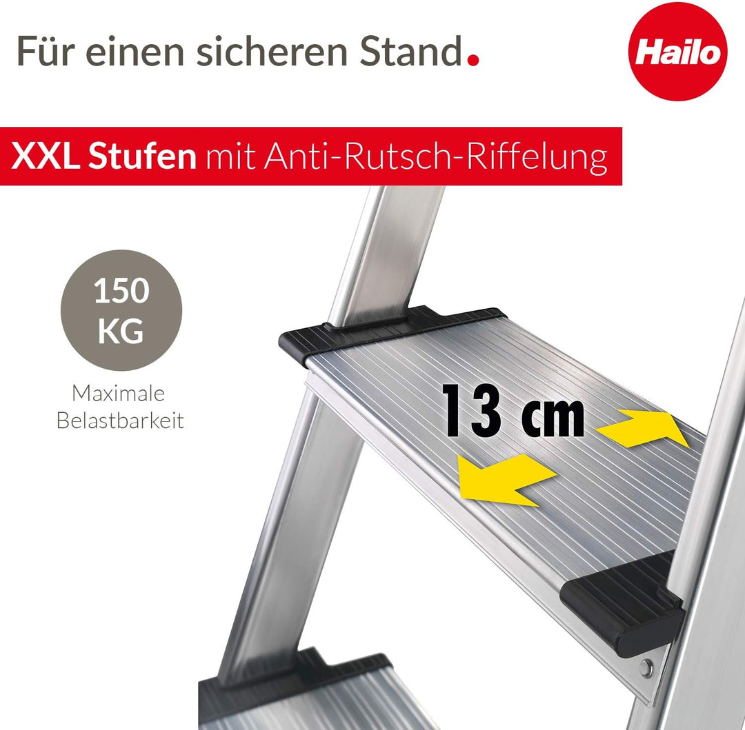 Hailo L80 ComfortLine Alu-Sicherheits-Stehleiter - klappbare Leiter mit 4 XXL Stufen und Ablageschal