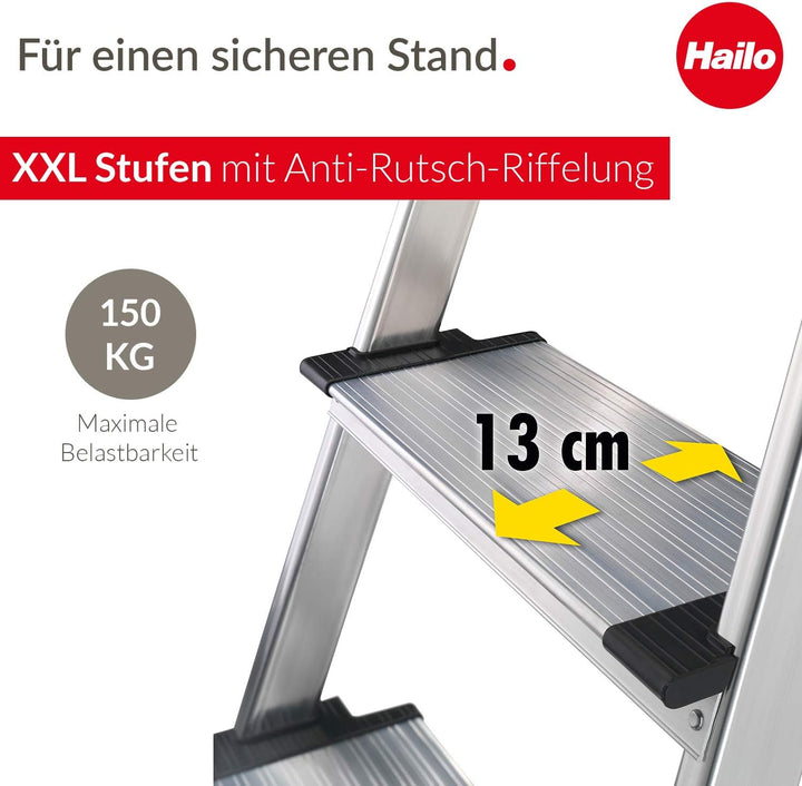 Hailo L80 ComfortLine Alu-Sicherheits-Stehleiter - klappbare Leiter mit 4 XXL Stufen und Ablageschal
