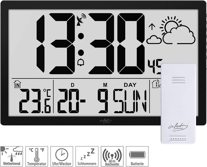 infactory XXL Wanduhr Digital: Funk-Wanduhr mit Jumbo-LCD-Display, Wetterstation und Aussensensor (G