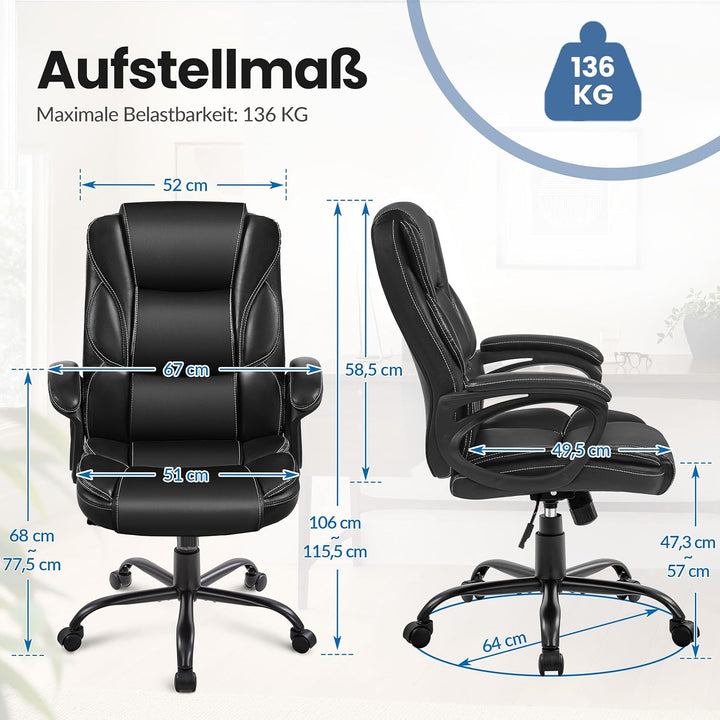 Yaheetech Bürostuhl Schreibtischstuhl, Chefsessel aus Kunstleder, Drehstuhl mit Rollen, Computerstuh