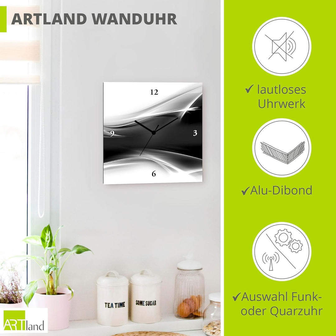 ARTLAND Wanduhr ohne Tickgeräusche Alu Quarzuhr 30x30 cm Quadratisch Lautlos Design Abstrakt Kunst M