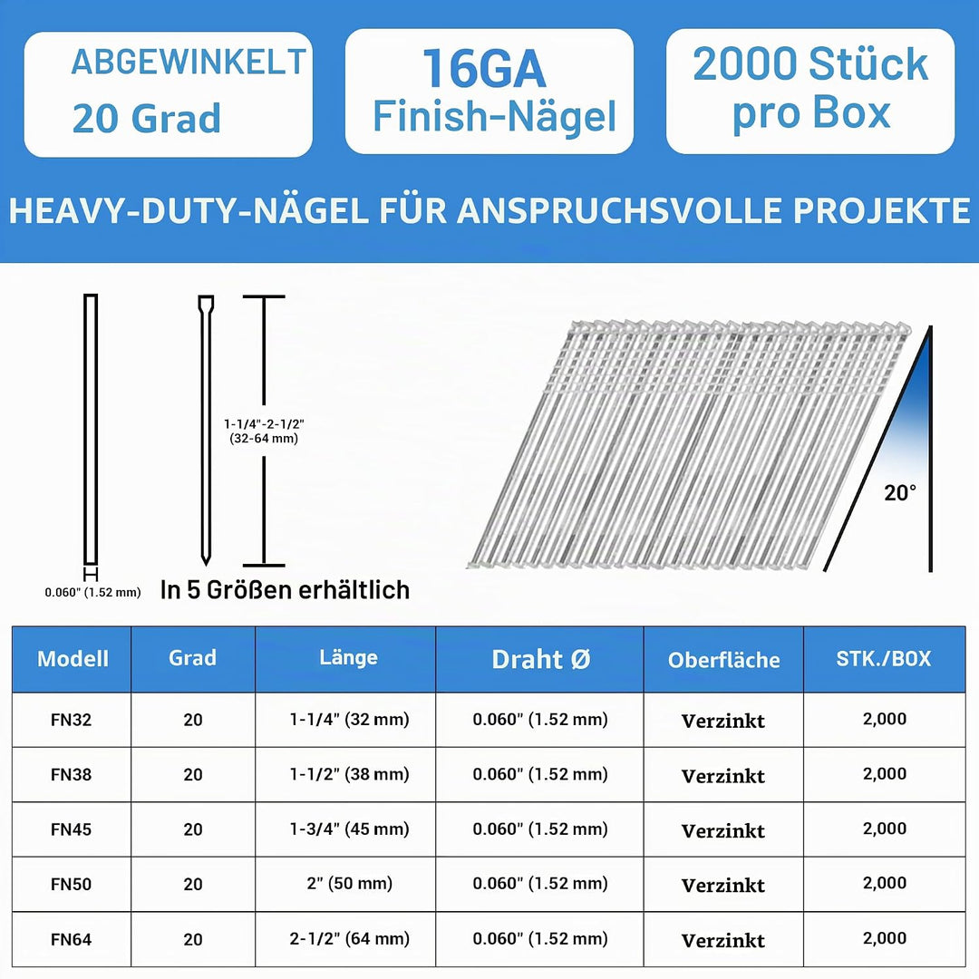 meite Gewinkelte Stauchkopfnägel, 16G / 64 mm, 20 Grad verzinkt – gewinkelte Nägel für Druckluftnagl